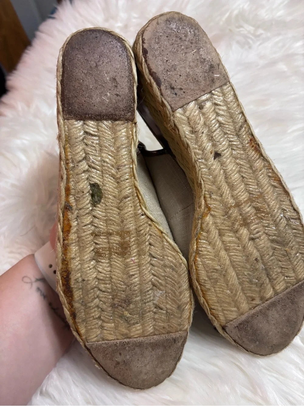Ralph Lauren Beige Peep-Toe Wedge Espadrilles with Metallic Trim